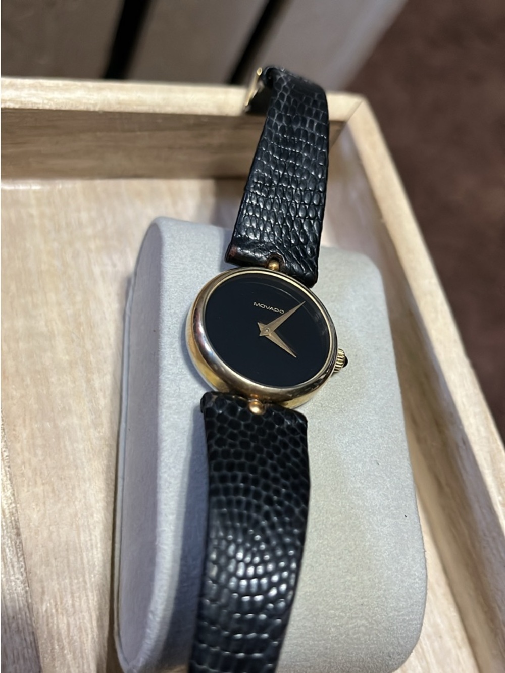 1977 original Movado zenith. Black Dial Gold-Tone Case lizardLeather Strap